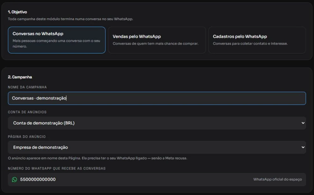 Formulário real de criação de campanha Meta Ads com destino para WhatsApp, preenchido com dados de demonstração.