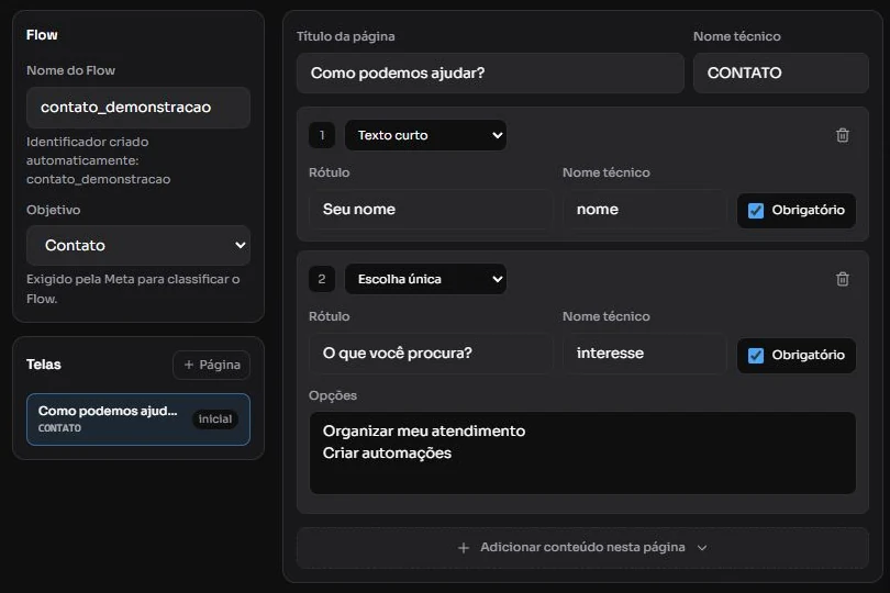 Editor real de WhatsApp Flows com campos de nome e interesse.
