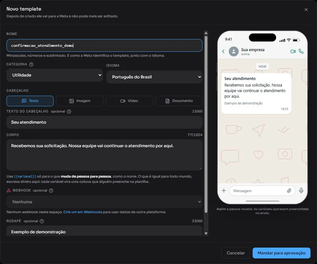 Editor real de template do WhatsApp Oficial com texto e prévia da mensagem de demonstração.
